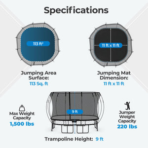 Springfree Large Square Backyard Trampoline With Enclosure and Hidden Frame, 11'