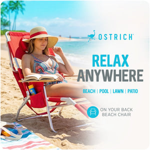 Ostrich The Deluxe 3N1 Lightweight Outdoor Beach Lounge Chair w/ Footrest, Red