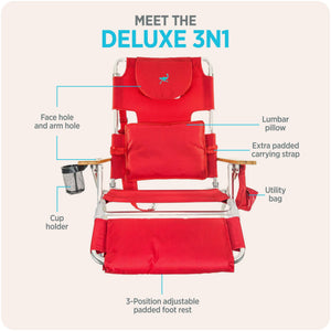 Ostrich The Deluxe 3N1 Lightweight Outdoor Beach Lounge Chair w/ Footrest, Red