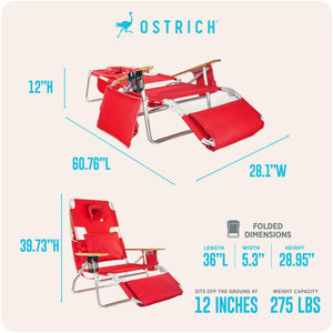 Ostrich The Deluxe 3N1 Lightweight Outdoor Beach Lounge Chair w/ Footrest, Red