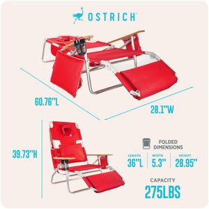 Ostrich The Deluxe 3N1 Lightweight Outdoor Beach Lounge Chair w/ Footrest, Red