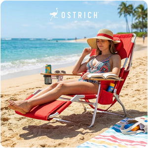 Ostrich The Deluxe 3N1 Lightweight Outdoor Beach Lounge Chair w/ Footrest, Red