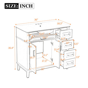 Bathroom Vanity With Ceramic Sink, Soft-Close Doors, 4 Storage Drawers - Blue