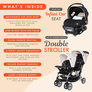 Baby Trend Sit N Stand Travel Double Baby Stroller and Car Seat Combo, Khaki