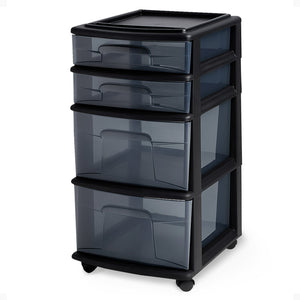 Homz Tall Solid Plastic 4 Drawer Medium Storage Cart with Caster Wheels, Black