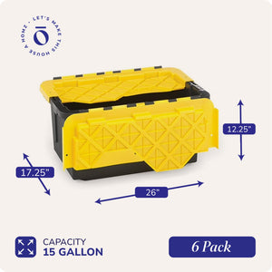 Homz Durbilt 15 Gal Storage Containers Tough Flip Lid Bins, 6 Pack, Black/Yellow