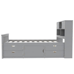 Captain Platform Bed Frame With Bookcase Headboard, 4 Drawers, Storage Shelves