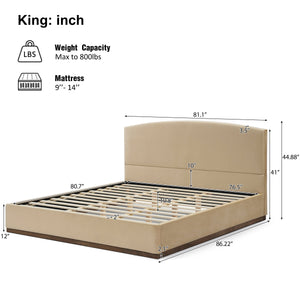 King Size Upholstered Bed Frame With Velvet Fabric Thick Headboard, Solid Wood Base, Camel