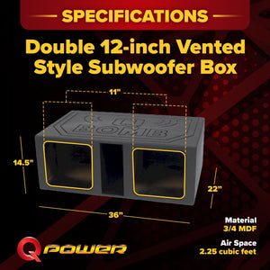 QPower QBOMB12VLSQ Dual 12 Inch XL Vented Side Ported Speaker Square Box