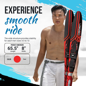 OBrien Vortex Combo 65.5 Inch Adult Mens Size 4.5-13 Wide Body Water Skis, Red - TRAPSKI