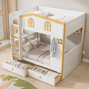 Twin Over Twin Bunk Bed With House Shaped Guardrails, Storage Shelves & Drawers - White / Natural
