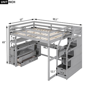 Loft Bed With Desk, Shelves, 2 Drawers, Storage Staircase