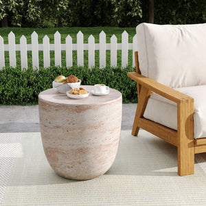 Outdoor / Indoor Lightweight Concrete Side Table With Travertine - Beige