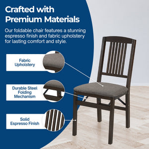 MECO Stakmore Wood Fabric Upholstered Seat Folding Chair Set, Espresso (2 Pack)
