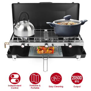 3 Burner Camping Stove 20000 BTU Portable Foldable Propane Stove With Toast Tray Windshield Portable Handle Outdoor Cooking Gas Stove For RV Camping B