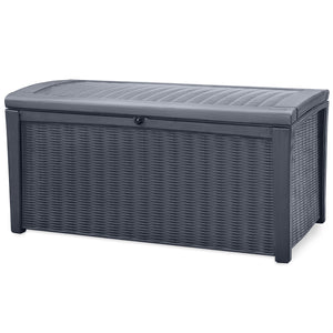 Keter Borneo 110 Gallon Rattan Wicker Resin Patio Deck Storage Box Bench, Grey