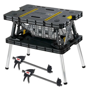 Keter Folding Portable Workbench Sawhorse w/12 In Clamps, Black/Yellow (2 Pack) - TRAPSKI