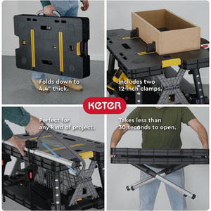 Keter Folding Portable Workbench Sawhorse w/12 In Clamps, Black/Yellow (2 Pack) - TRAPSKI