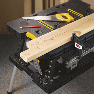 Keter Folding Portable Workbench Sawhorse w/12 In Clamps, Black/Yellow (2 Pack) - TRAPSKI