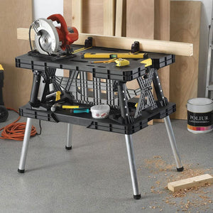 Keter Folding Portable Workbench Sawhorse w/12 In Clamps, Black/Yellow (2 Pack) - TRAPSKI
