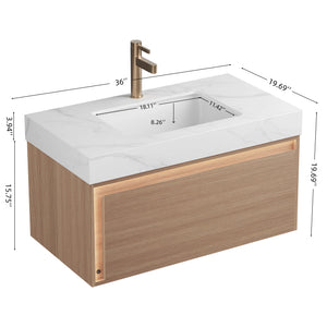 Nyah 36'' Bathroom Vanity & Sink, Floating Ultra-Slim Grille Plywood Cabinet, Drawer with Sensor Light, Carrara