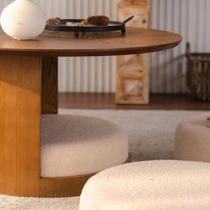 31.5" Round Wood Coffee Table with 3 Teddy Fabric Nesting Stools