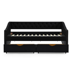 Upholstered Tufted Daybed With 2 Drawers, Waved Arms