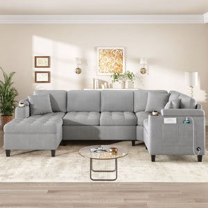 U Shaped Sectional Sofa, Corner Living Room Couch With Built In Cup Holders, Storage, USB Ports