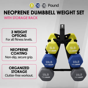 HolaHatha Neoprene Dumbbell Free Hand Weight Set with Rack