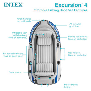 Intex Excursion 4 Inflatable Raft Set w/ 2 Transom Mount 8 Speed Trolling Motors