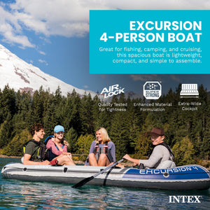 Intex Excursion 4 Person Inflatable Rafting and Fishing Boat Set with 2 Oars