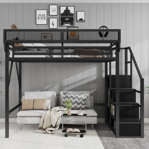 Queen Size Loft Bed With Stairs, Storage Shelves, Wardrobe - Black
