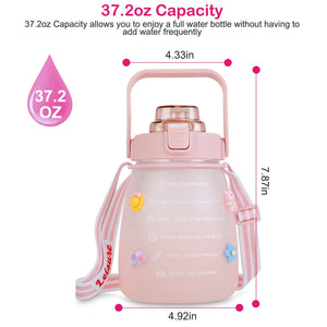 Kawaii Water Bottle with Straw 37.2oz Large Capacity Portable Sports Bottle with Cute Three-Dimensional Stickers