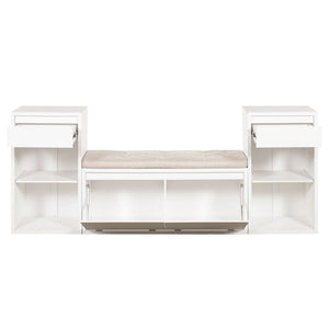 Entryway Storage Bench With Cushion, Drawers & Open Shelves