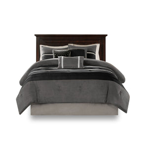 7 Pc Pieced Faux Suede Comforter Set Black Queen