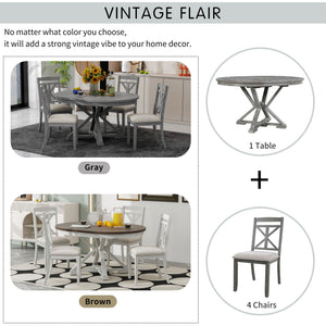 Dining Set With Extendable Round Table And 4 Upholstered Chairs
