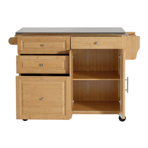 Indoor Bamboo Rolling Kitchen Island with Stainless Steel Top
