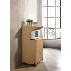 Hodedah Wheeled Kitchen Microwave Cart with Drawer and Cabinet Storage, Beech