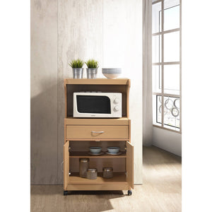 Hodedah Wheeled Kitchen Microwave Cart with Drawer and Cabinet Storage, Beech