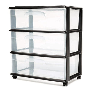 Homz Tall Solid Plastic 3 Drawer Medium Storage Cart with Caster Wheels, Black