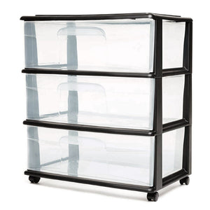 Homz Tall Solid Plastic 3 Drawer Medium Storage Cart with Caster Wheels, Black