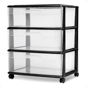 Homz Tall Solid Plastic 3 Drawer Medium Storage Cart with Caster Wheels, Black
