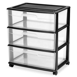 Homz Tall Solid Plastic 3 Drawer Medium Storage Cart with Caster Wheels, Black