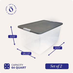 Homz 64Qt Stackable Plastic Storage Bin Container Box w/Latch Lid, Gray (2 Pack)