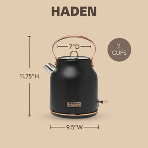 Haden Heritage 1.7L Stainless Steel Electric Water Tea Kettle, Black & Copper