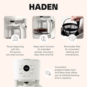 Haden Coffee Machine, 12 Cup Programmable Drip Coffee Maker, Ivory & Chrome