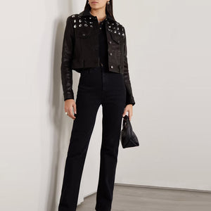 Women's Black Shearling Studded Textured Cropped Leather Jacket
