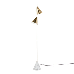 Cone 65' Glam Metal Floor Lamp in Brushed Gold Metal with White Faux Marble Base