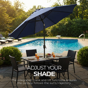Four Seasons Courtyard 9 Foot Crank Lift Auto Tilt System Patio Umbrella, Navy - TRAPSKI