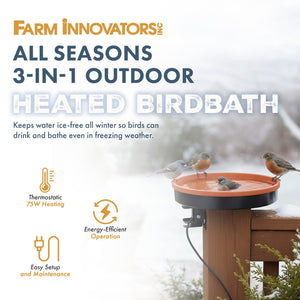 Farm Innovators All Seasons 3 In 1 Outdoor Heated Birdbath, 75 Watts, Terracotta
